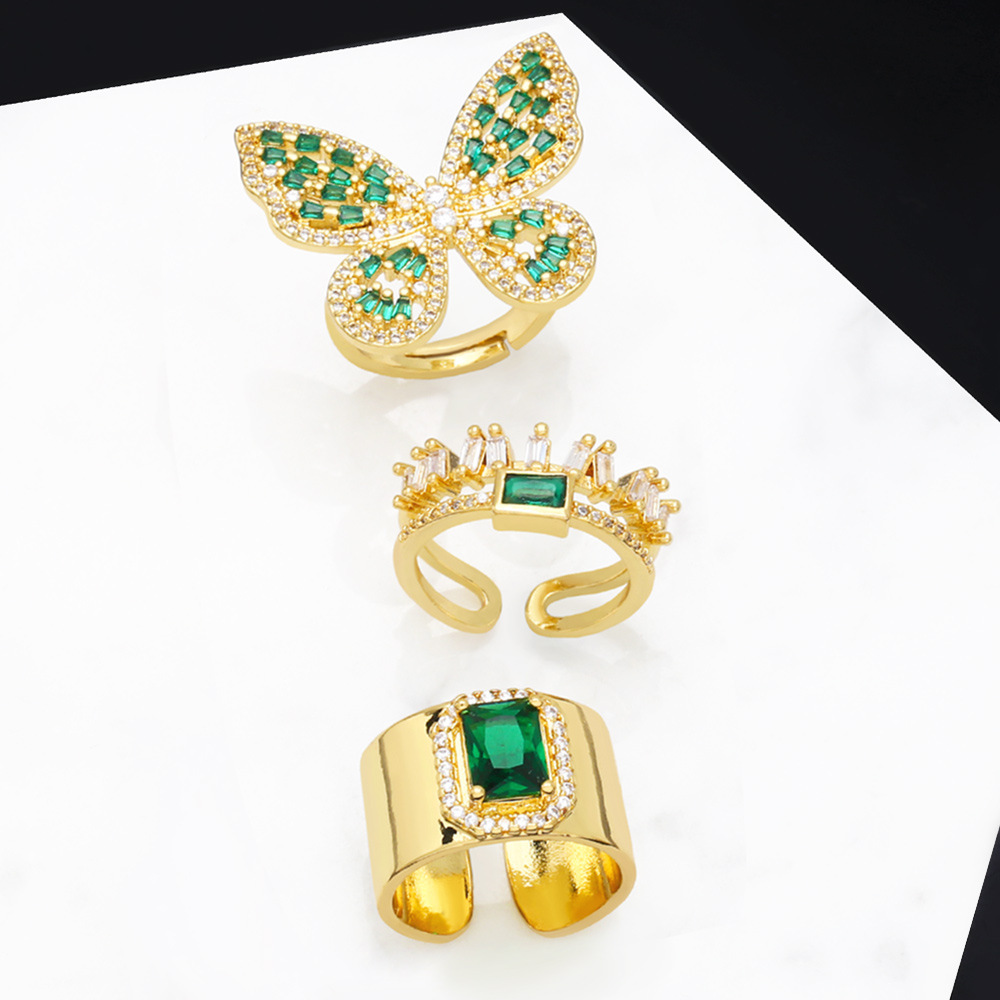 Simple Copper 18K Gold-plated Emerald Zircon Open Ring