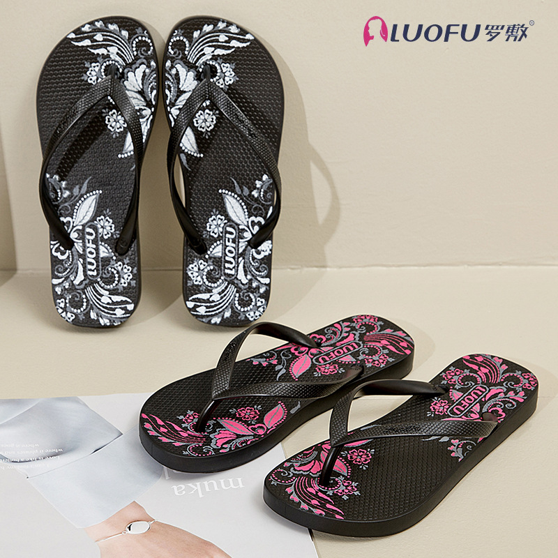 Rofu flip flops de las mujeres elegante nuevo verano al aire libre flip-flops antideslizante moda Zapatos de tacón de playa plano Negro