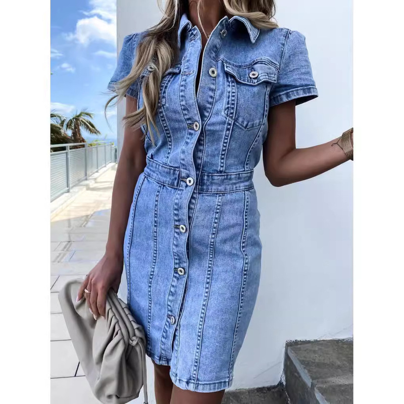 European and American stretch mid-length retro slim-fit single-breasted one-step denim dress