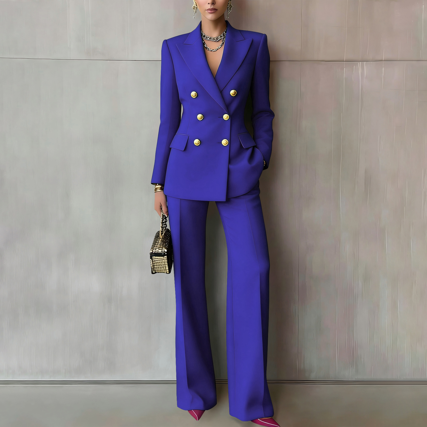 Women's Solid Color Button Suit Trousers Set With Lapel Professional_ecoleips.com