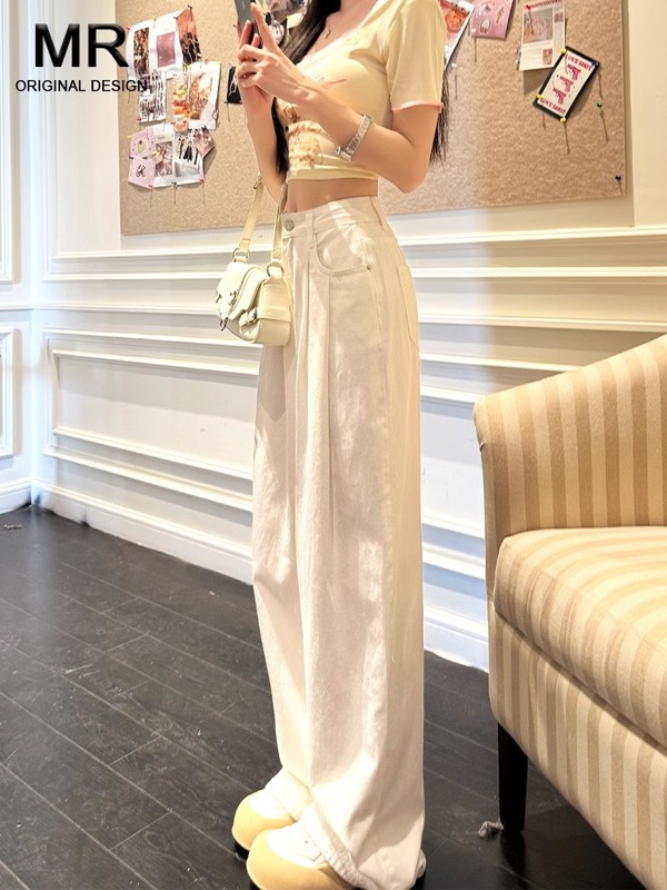 白い三防天糸高腰広脚ジーンズ女2024夏の薄いタイプのゆるい痩せ感ストレートパンツ|undefined