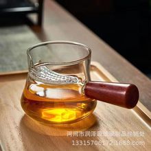 玻璃茶具 加厚木把茶海功夫茶道木柄月牙公道杯高硼硅 玻璃公道杯
