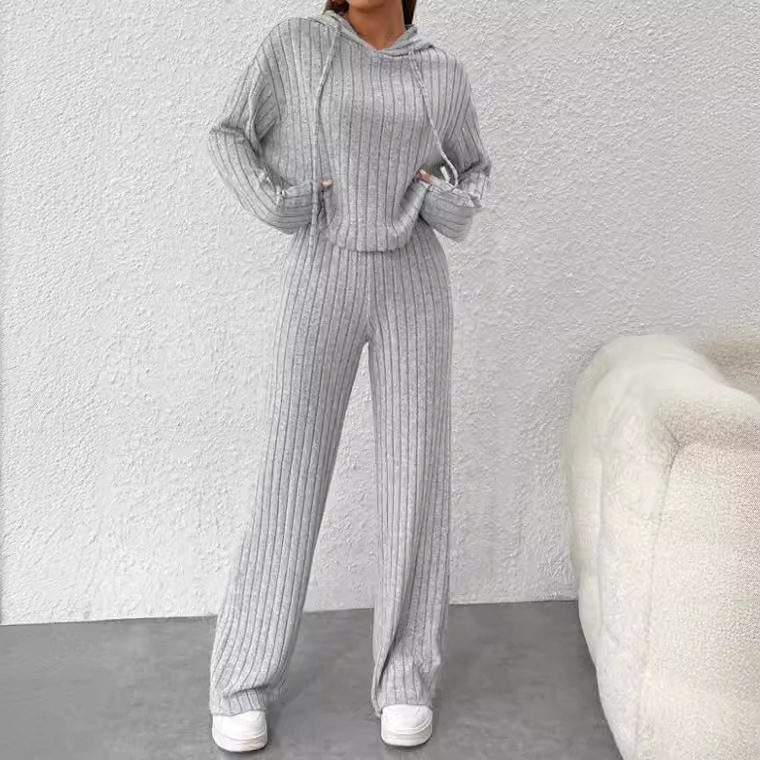 2025 New Foreign Trade Sweatshirt Loose Hooded Knitted Striped Suit Long-Sleeved Casual European and American Foreign Trade Women's Clothing Wholesale