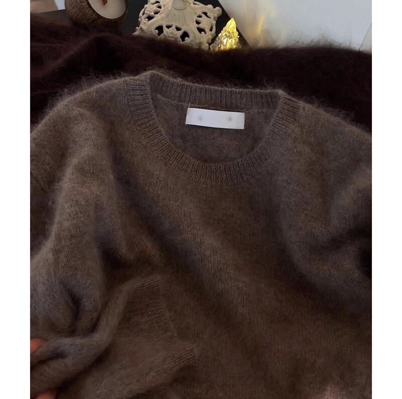 Maillard Brown Soft Waxy Mohair Round Neck Pullover Sweater Women's Autumn and Winter Outerwear Milk Fufu Thickened Knitted Top