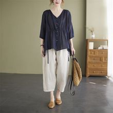 亚麻上衣新款宽松大码女装纯色夏季棉九分裤子中年妈妈套装两件套