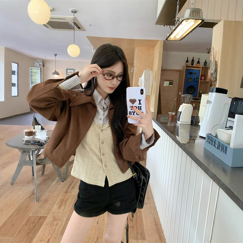 美拉德穿搭咖色翻领外套女早秋小个子短款高级感气质夹克开衫上衣|undefined