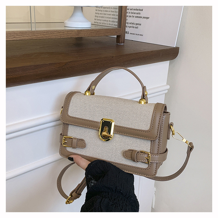 Bolso de mano de alta calidad para mujer 2025 nuevo bolso cuadrado pequeño con costuras de color en contraste retro textura de lino bandolera para mujer