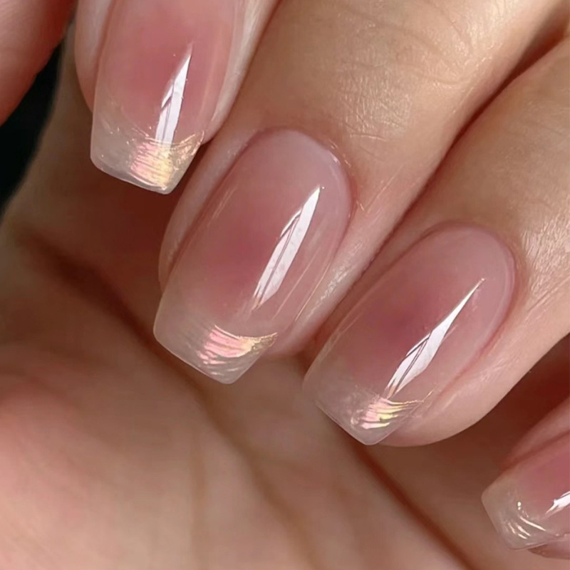 Wholesale Short French Blush Magic Mirror Gold Powder Finished Detachable Nail Stickers Fake Nails with Glitter Rhinestones Wholesale Short French Blush Magic Mirror Gold Powder Finished Detachable Nail Stickers Fake Nails with Glitter Rhinestones