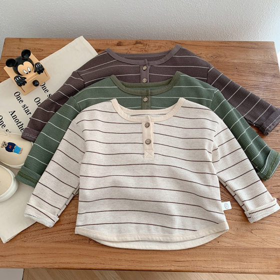 Children's striped bottoming shirt 0-5 years old spring boys' Korean style loose top baby waffle T-shirt trendy MY316