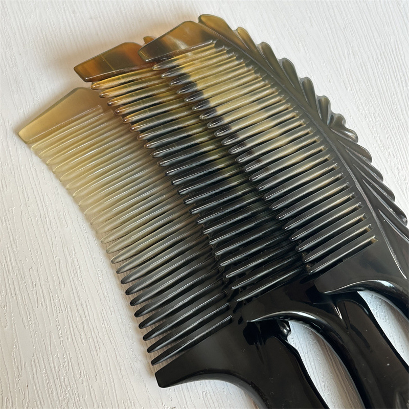 Yak Horn Comb 18cm Thick Carved Handle Comb Black Flower Pattern Hair Comb for Daily Grooming in use