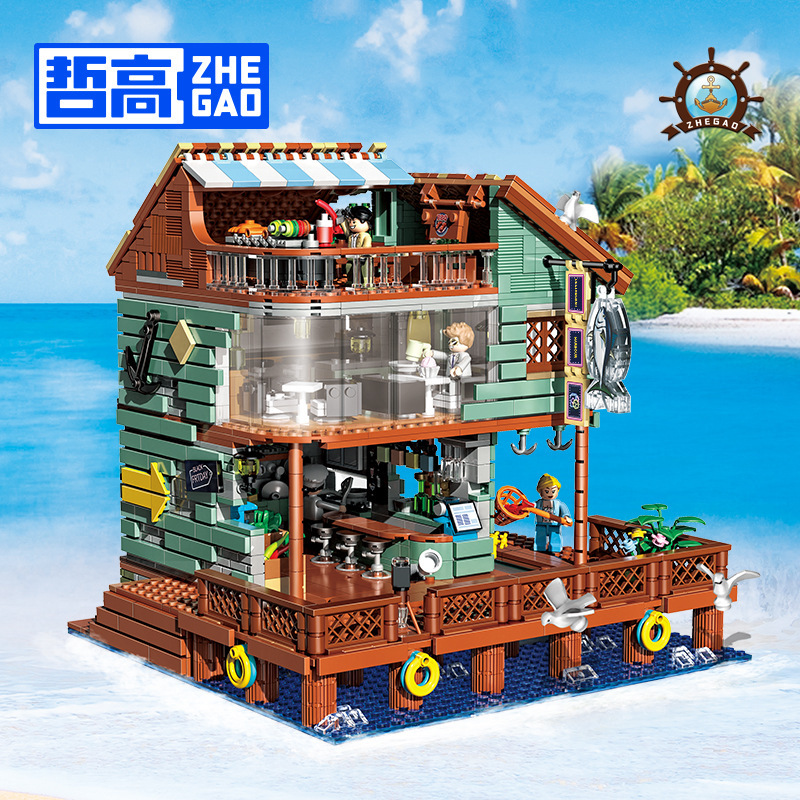 Zhegao mini partícula Street View 00423 Puerto restaurante pescador casa de alta dificultad rompecabezas para niños ensamblar bloques de construcción image 1