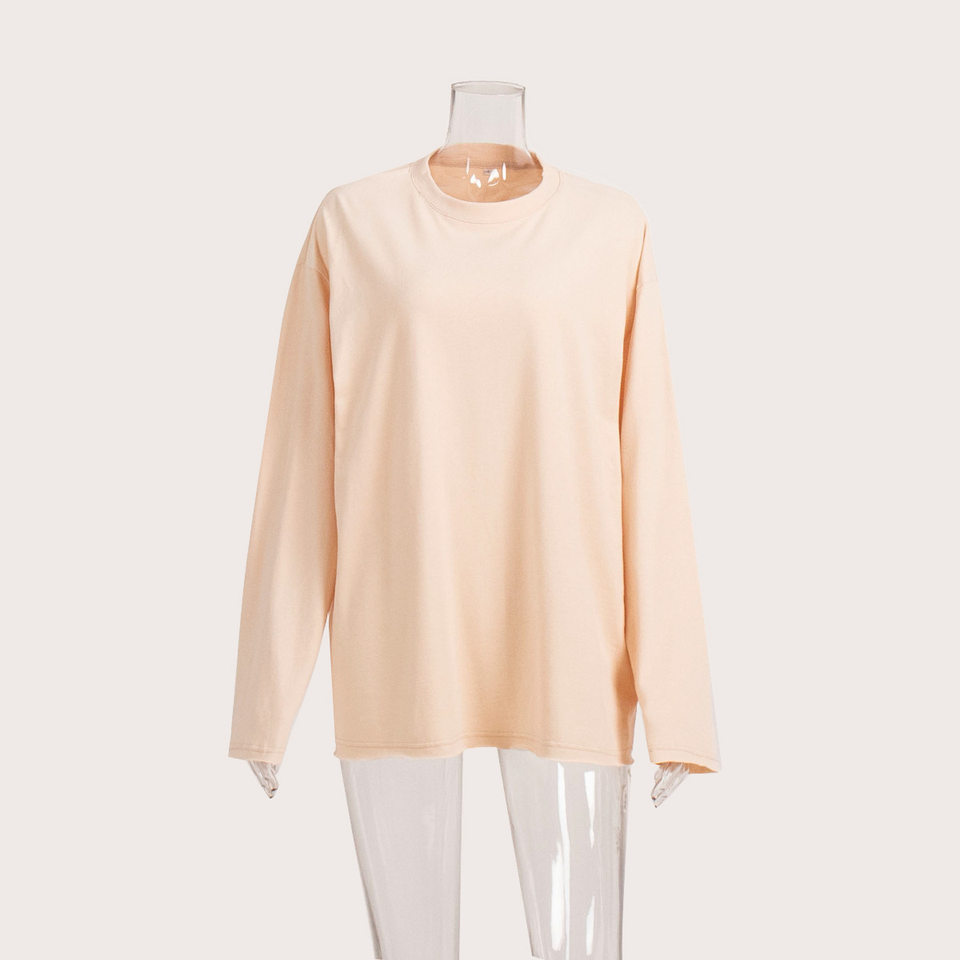 Áo thun nữ cotton 100% cổ tròn tay dài form rộng màu trơn — Màu cà phê, Màu hồng, Màu mơ, Màu trắng chi tiết 40