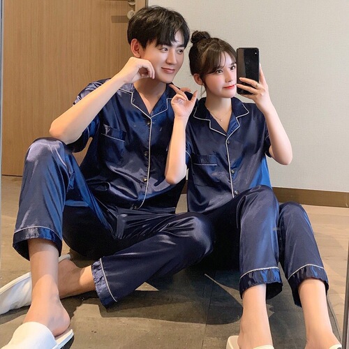 Increase the code couple's pajamas for men in spring and summer, ice silk thin short-sleeved long pants set for women, cool feeling loose home clothes