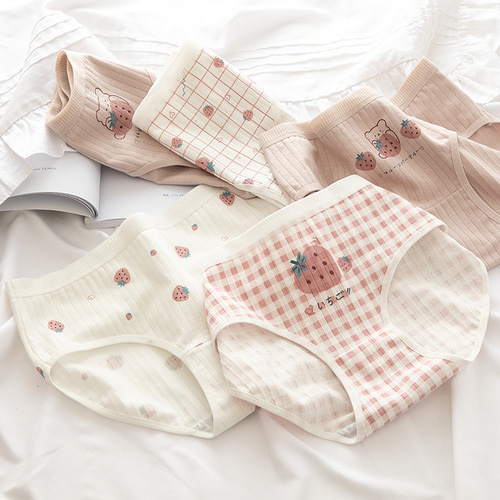 [Quality] Chunyi women's underwear pure cotton mid-waist large size triangle sweetheart strawberry girl plaid pink girl