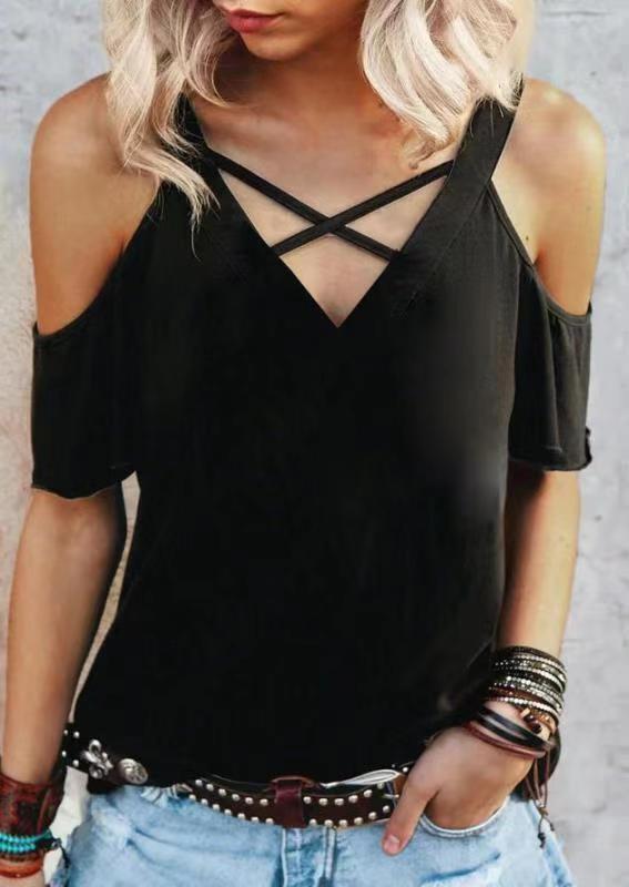 Cross-border e-commerce independent station Amazon Wal-Mart shopify women's shoulder-exposed deep V T-shirt light plate printable spot