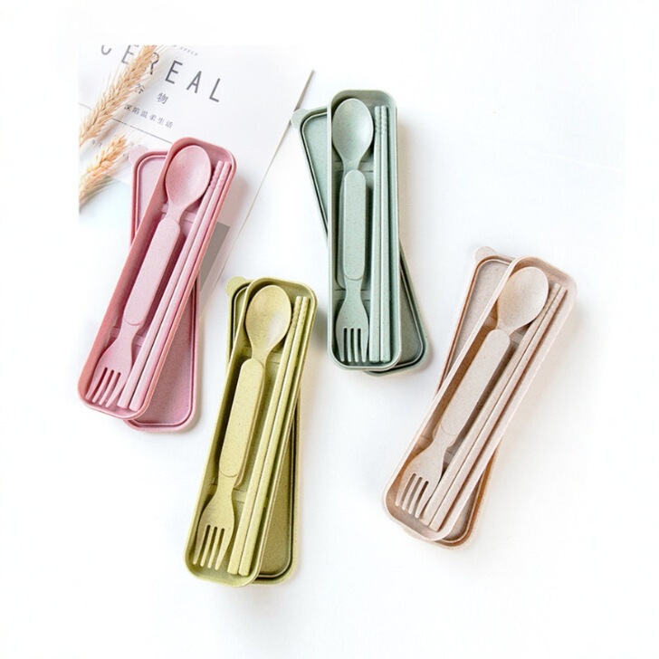 Cross-Border Creative Wheat Straw Spoon, Fork and Chopsticks Three-Piece Set Children's Portable Tableware Outdoor Travel Tableware Set