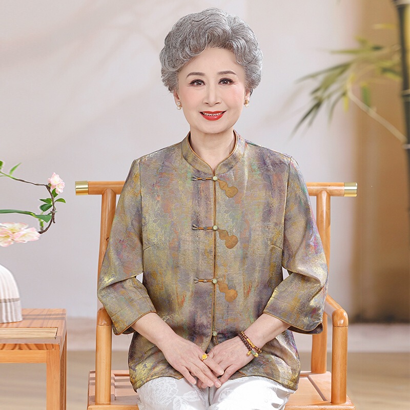 [100% Mulberry Silk] Silk Two-Piece Set for Mothers, Middle-Aged and Elderly Women, Tops and Pants, Grandma's Summer Outfit, Women's Shirt