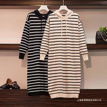 秋冬新款加厚针织连衣裙长过膝学生韩版宽松洋气条纹连帽毛衣裙女