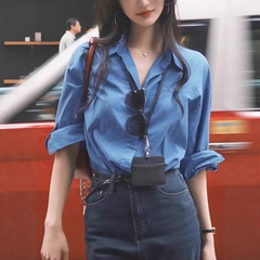 蓝色polo领长袖衬衫女2025春秋新款感宽松显瘦薄款防晒衬衣