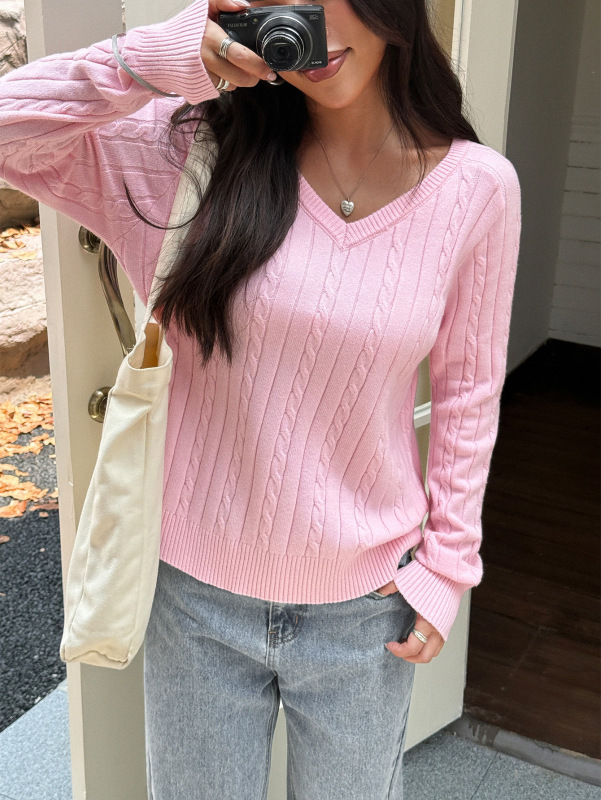 跨境欧美Y2K风高级V领毛织长袖上衣毛衣女装2025秋冬亚马逊独立站|undefined