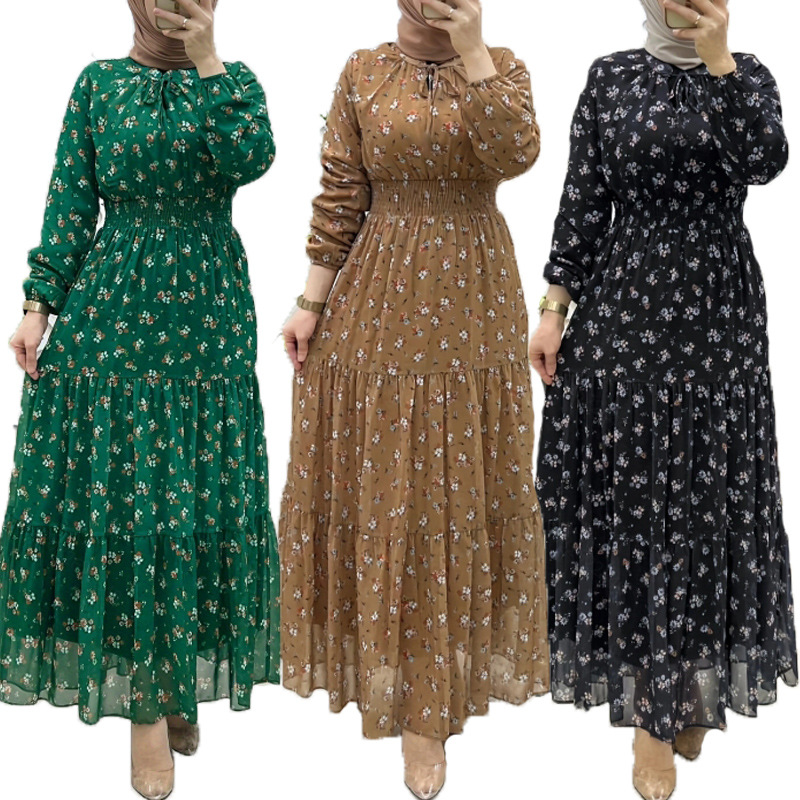 M2685跨境亚马逊女士雪纺花朵打揽长款时尚优雅民族风长袍连衣裙