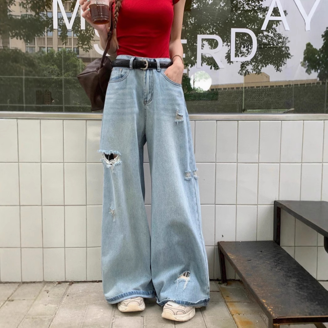 American summer street hip-hop loose wide-leg washing blue ripped straight floor mopping jeans
