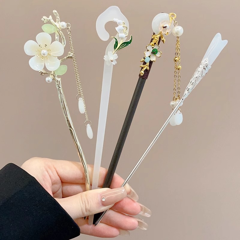 Horquilla de flores con flecos de estilo antiguo, temperamento femenino de alto nivel, escalón, horquilla de Hanfu, horquilla de cabello en la parte posterior de la cabeza, tocado de horquilla