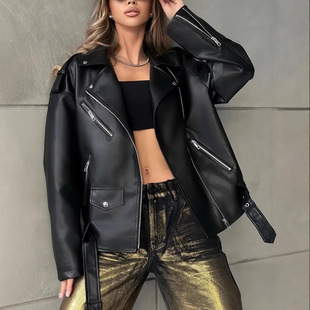 Cross-Border New Women's Pu Leather Jacket Autumn and Winter Retro Cycling Motorcycle Jacket Bf Style Women's Leather Jacket