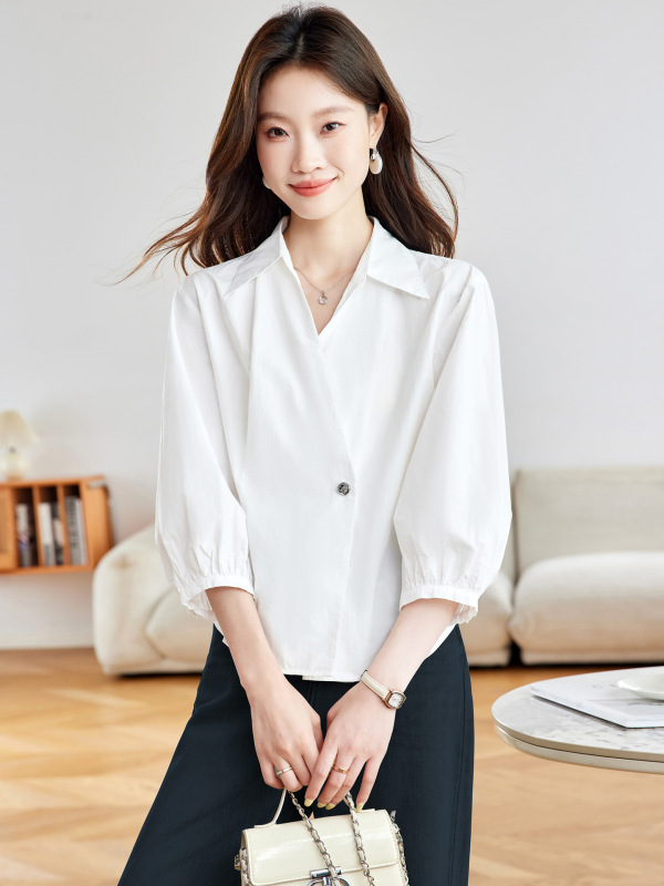 棉茧 白色长袖衬衫女2025早秋新款法式纯棉衬衣女一粒扣V领上衣|undefined