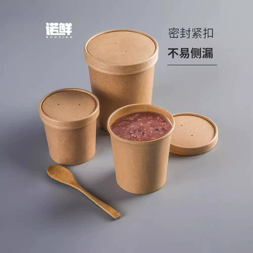 Одноразовая бумажная миска обеденная коробка кожаная бумажная суповая ведерко круглая упаковочная коробка без крышки пакет для еды коробка супа каша чашка