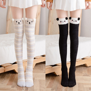 Coral velvet socks women's autumn and winter plus velvet padded warm stockings Japanese cute cartoon plush knee-high calf socks