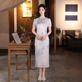 2026夏季年轻气质高级感中长提花双层短袖时尚女装新中式改良旗袍