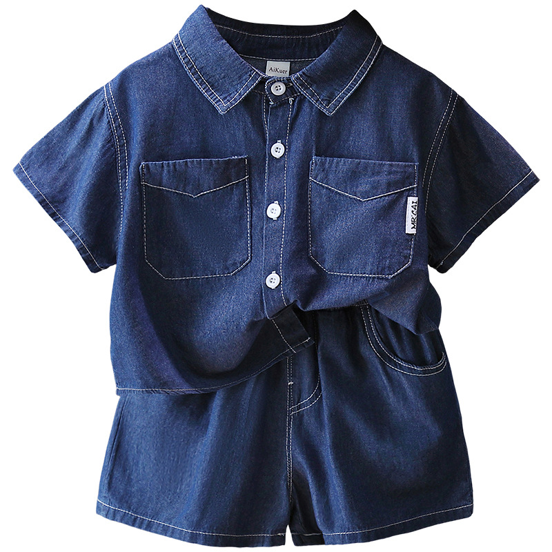 7214 Traje de verano de mezclilla para niños 2025 Nuevo vestido de verano Camisa delgada de manga corta Traje de dos piezas Ropa para niños queer de moda