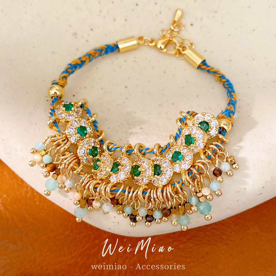 Cuerdas de color trenzadas zircon pulsera de vidrio redondo ligera de lujo nicho de alta sensación pulsera estilo nacional joyas retro