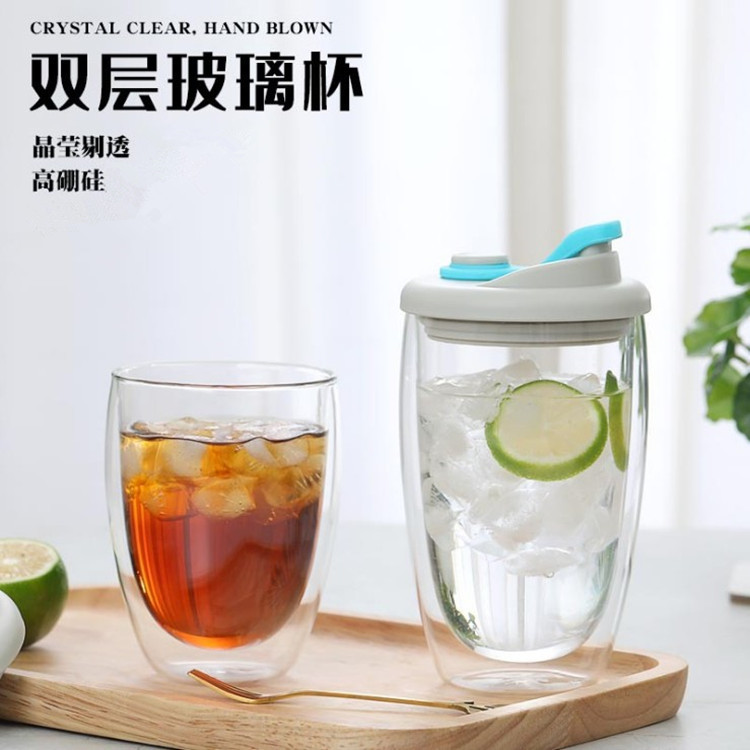 Venta al por mayor pequeño regalo en forma de huevo color transparente con tapa taza de café de alta apariencia de doble capa de vidrio aislado taza de agua