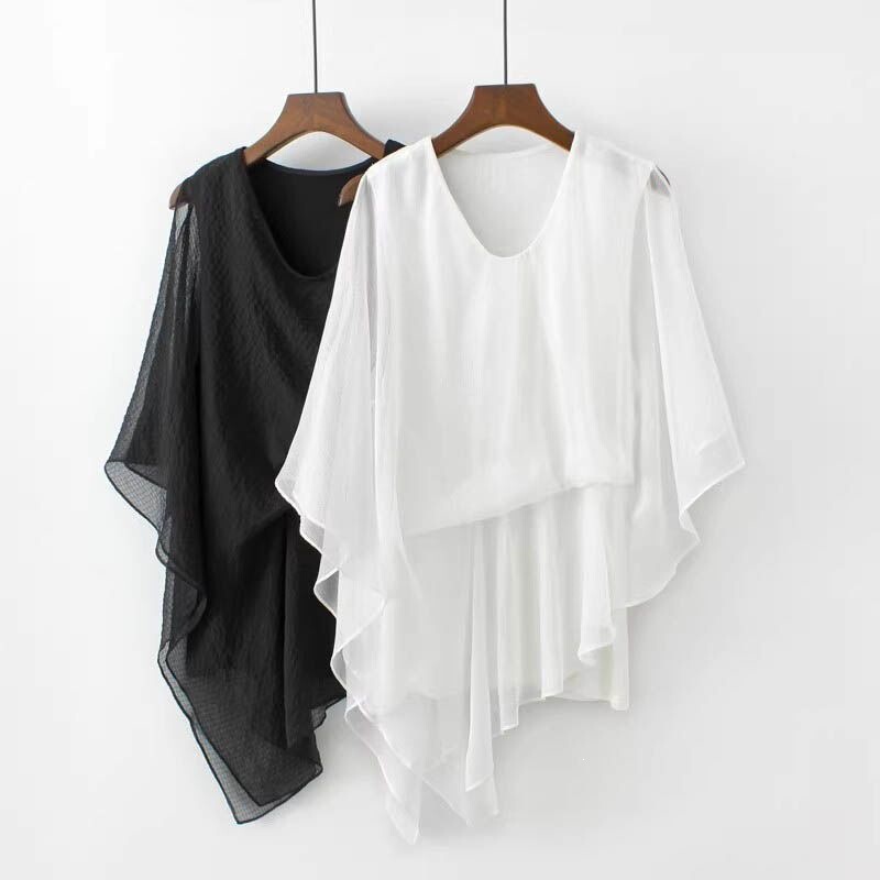 New Chiffon Shirt for Dance, Plus-Size Stylish Five-Quarter Sleeve Women's T-Shirt, Loose Fit, Tummy-Concealing, Slimming French-Style Top New Chiffon Shirt for Dance, Plus-Size Stylish Five-Quarter Sleeve Women's T-Shirt, Loose Fit, Tummy-Concealing, Slimming French-Style Top
