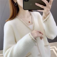 秋季新款上衣小香风外搭短款毛衣水貂绒针织开衫长袖小外套女百搭