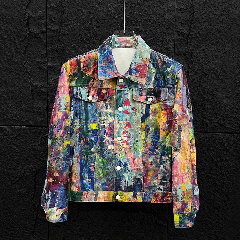 Kişi üçün cins jaket, qraffiti çap, boş kəsim
