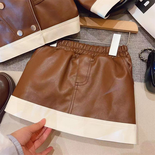 New Women's Children's Set Autumn 2024 Trendy Fashion Leather Jacket Outerwear Skirt Children's Two-Piece Set