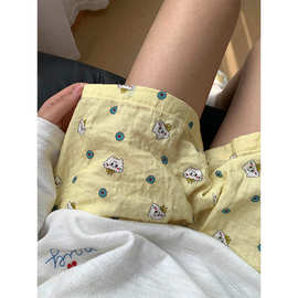 软萌感淡黄卡通小猫印花睡裤女夏季新款舒适亲肤家居服短裤可外穿
