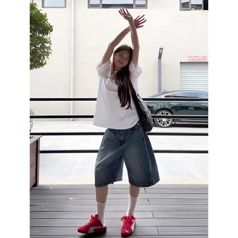 3345 #   American Retro Casual Washed Blue Mid-Length Pants, Distressed Wide-Leg Cropped Pants, Jeans, Straight-Leg Shorts