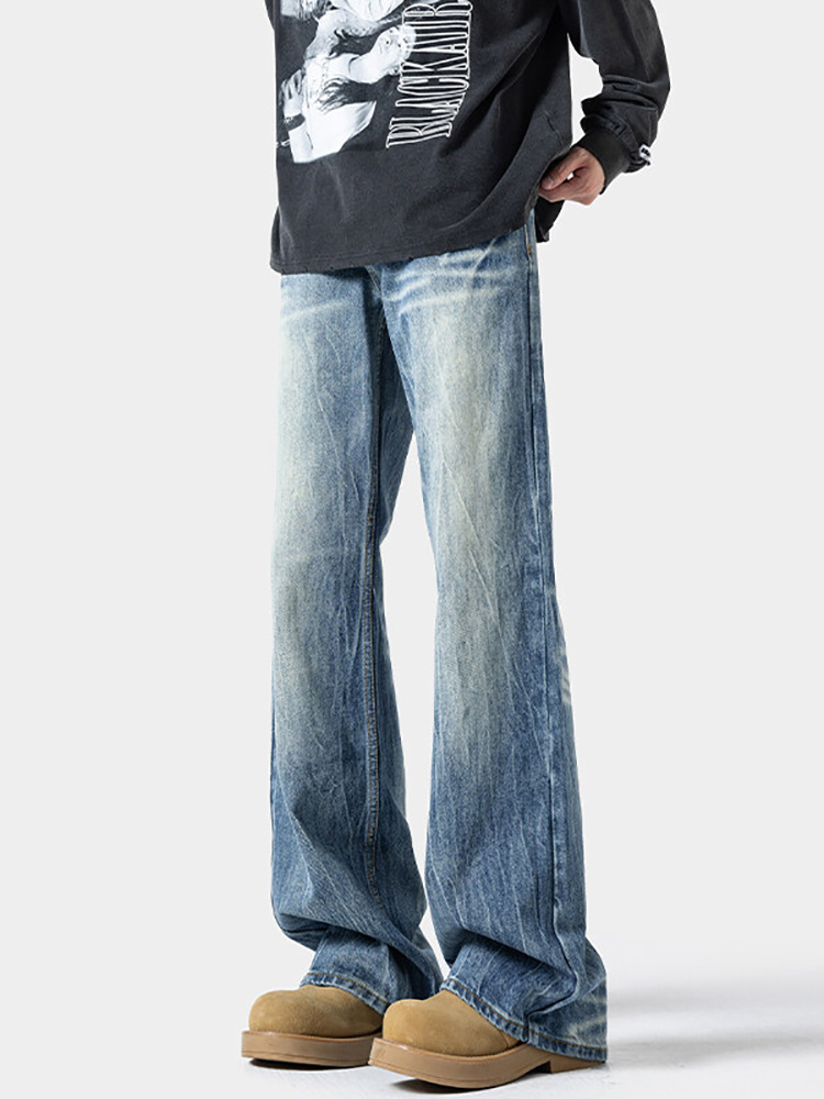 Lightning Pattern Slightly Pulled Jeans Men's 2026 Spring New American Retro Washed Large Size Loose Straight Trousers_voghion.com