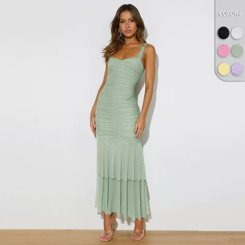 亚马逊跨境吊带双层网纱拼接连衣裙女性感辣妹紧身优雅褶皱鱼尾裙