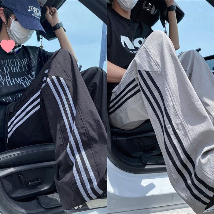 Pantalones de hielo de verano de tres barras para hombres delgados pantalones deportivos largos sueltos rectos de piernas anchas pantalones casuales de hombre