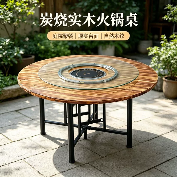 Hot pot table with built-in induction cooktop, round table, carbonized solid wood dining table, hotel/restaurant turntable, folding table