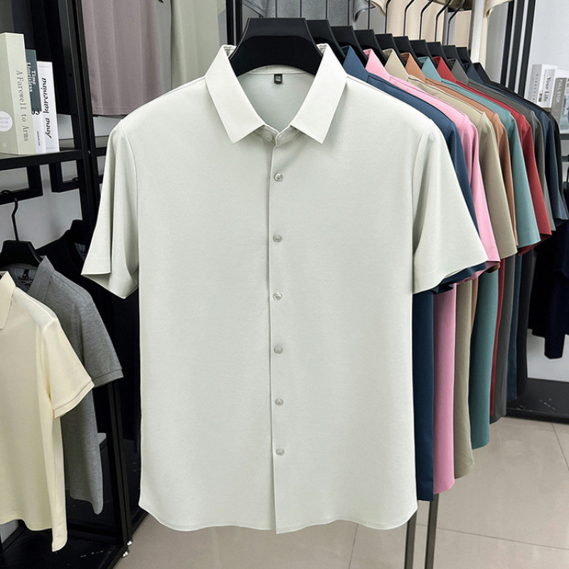 Camisa de manga corta para hombre 2025 verano blusa delgada media manga casual de seda de hielo sin costuras para hombre camisa de lino de seda de morera