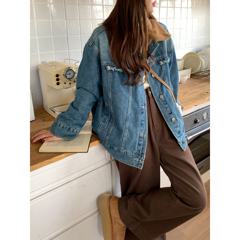 GAGD retro Denim coat female 2023 Winter niche imitation rabbit fur stitching thickened jacket coat top