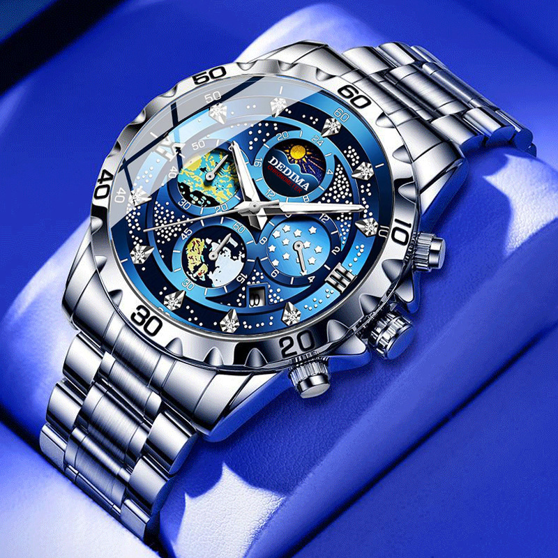 High-end fashion men's four-eye six-pin multi-function sports luminous sun, moon and stars 24 hours chronograph function watch