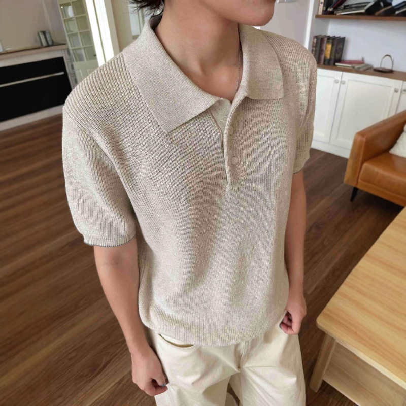 新贵高奢2025夏季棉麻花纱polo短袖针织衫男女复古老钱松弛感上衣|undefined