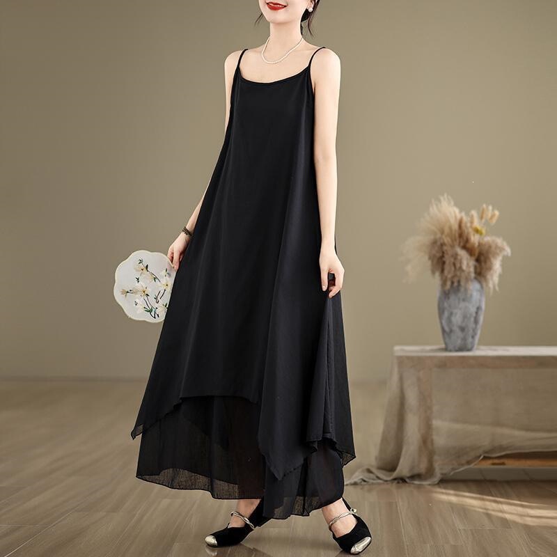 New plus-size minimalist long-length plus-size suspender dress with irregular curved hem and double-layered flowing chiffon dress